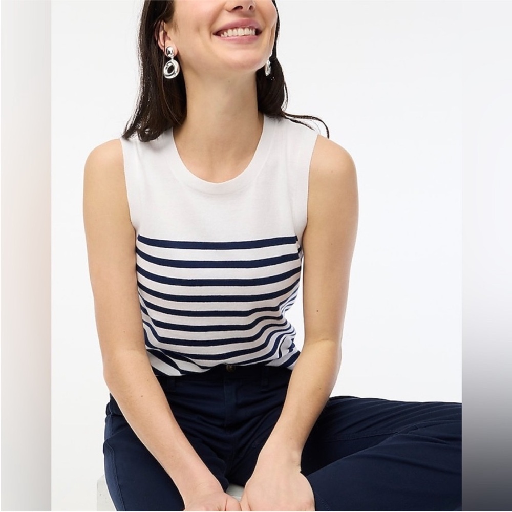 J.CREW Sweater Shell Women Medium White Navy Stripe Top NEW Cotton CA085